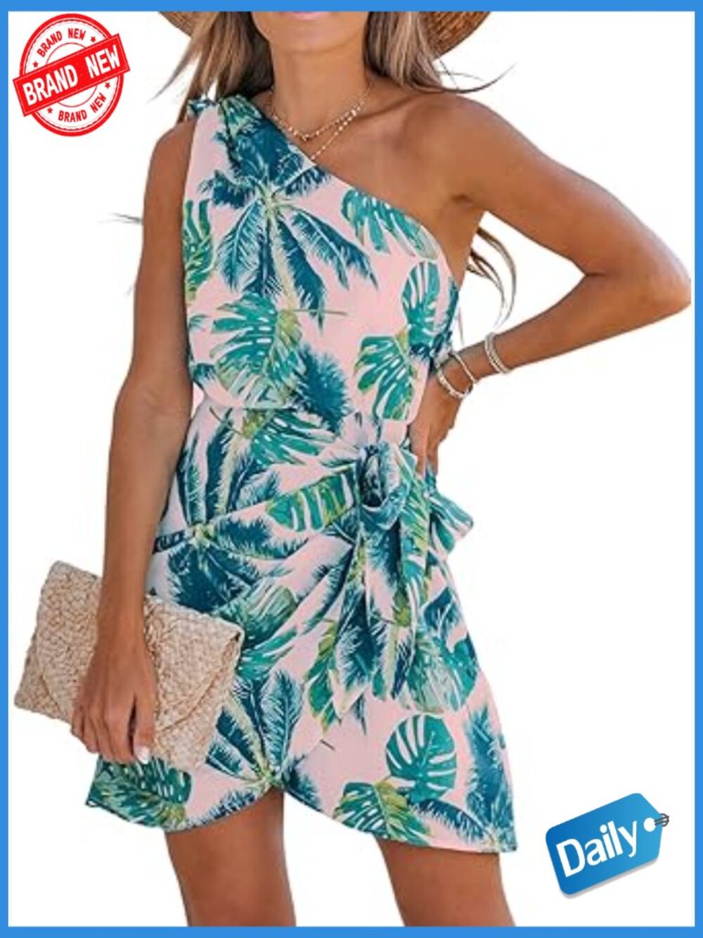 One Shoulder Leaf Print Mini Dress Sleeveless Tiered Formal